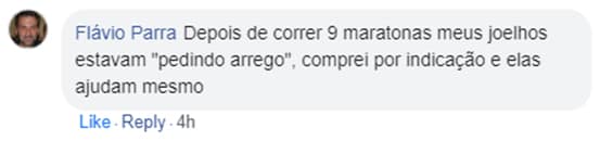 Comentário de Flávio Parra no Facebook: Depois de correr 9 maratonas meus joelhos estavam “pedindo arrego”, comprei por indicação e elas ajudam mesmo